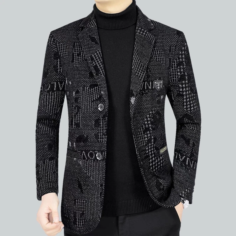 Blazer New Men's Fashionable Business Wedding Banquet Casual Hosting Dress for High-end Middle-aged Woolen Performances Blazer - Image 3