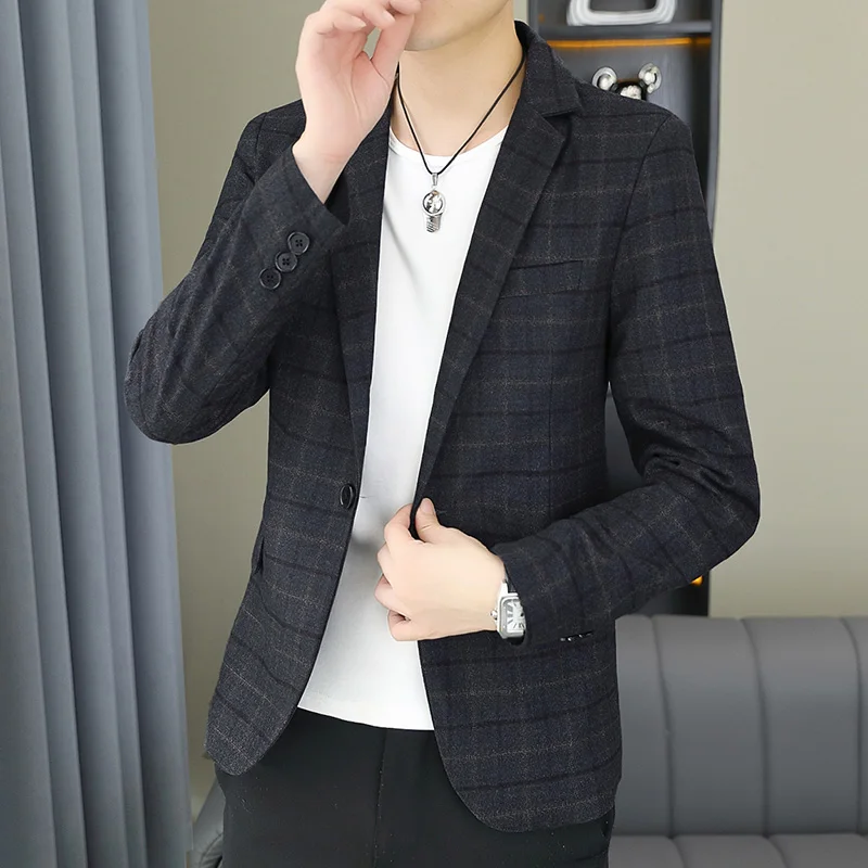 High-quality new checkered fashionable and stylish suit for men, young business fitted small suit, formal single jacket for men - Image 2
