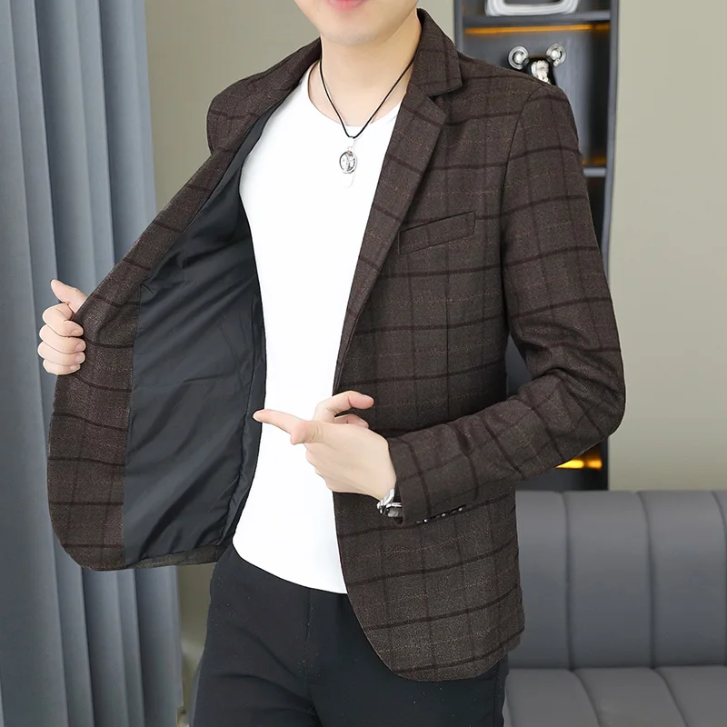 High-quality new checkered fashionable and stylish suit for men, young business fitted small suit, formal single jacket for men - Image 5