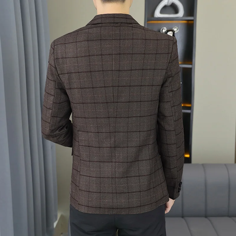 High-quality new checkered fashionable and stylish suit for men, young business fitted small suit, formal single jacket for men - Image 4