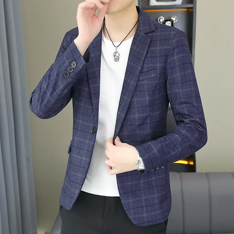 High-quality new checkered fashionable and stylish suit for men, young business fitted small suit, formal single jacket for men